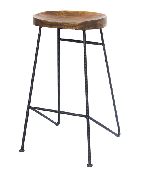 28 Inch Bar Stool with Mango Wood Saddle Seat Iron Rod Legs Brown and Black UPT-183797 - The Urban Port