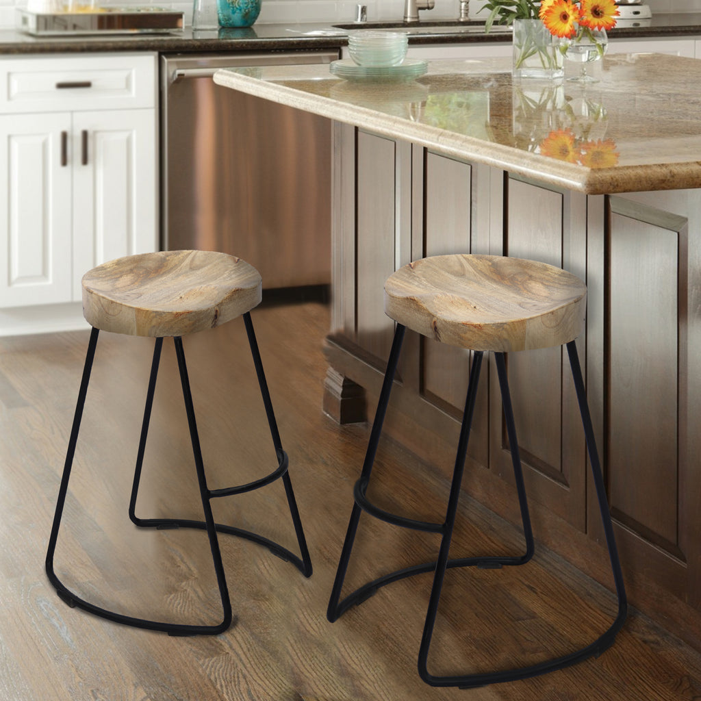 Ela 30 Inch Mango Wood Bar Stool Saddle Seat Iron Frame Brown and Black UPT-37900 - The Urban Port