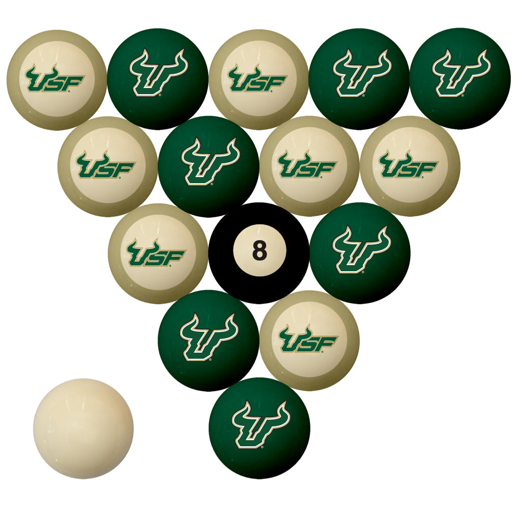 SOUTH FLORIDA SCHOOL COLOR NUMBERED BILLIARD BALL SET GREEN SOLID/GOLD STRIPE - USFBBS100N