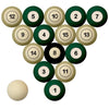 SOUTH FLORIDA SCHOOL COLOR NUMBERED BILLIARD BALL SET GREEN SOLID/GOLD STRIPE - USFBBS100N