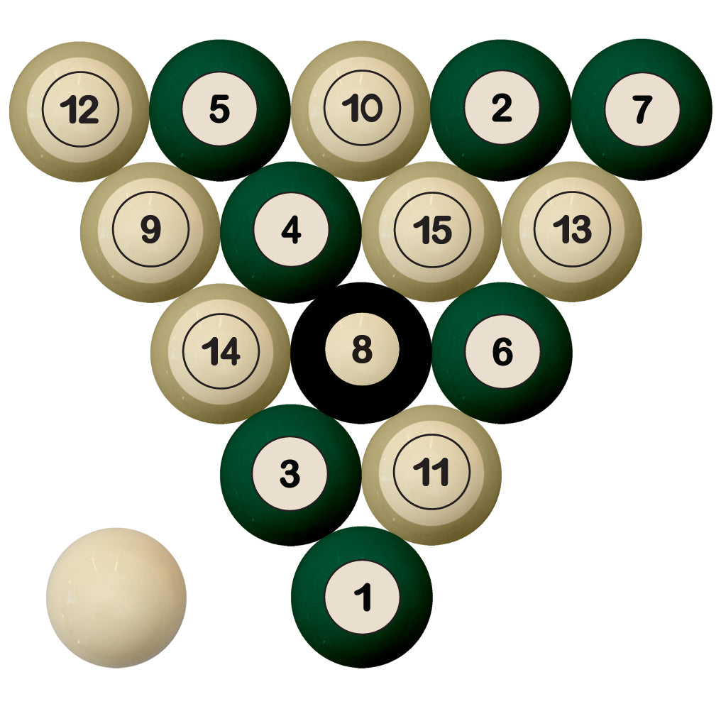 SOUTH FLORIDA SCHOOL COLOR NUMBERED BILLIARD BALL SET GREEN SOLID/GOLD STRIPE - USFBBS100N