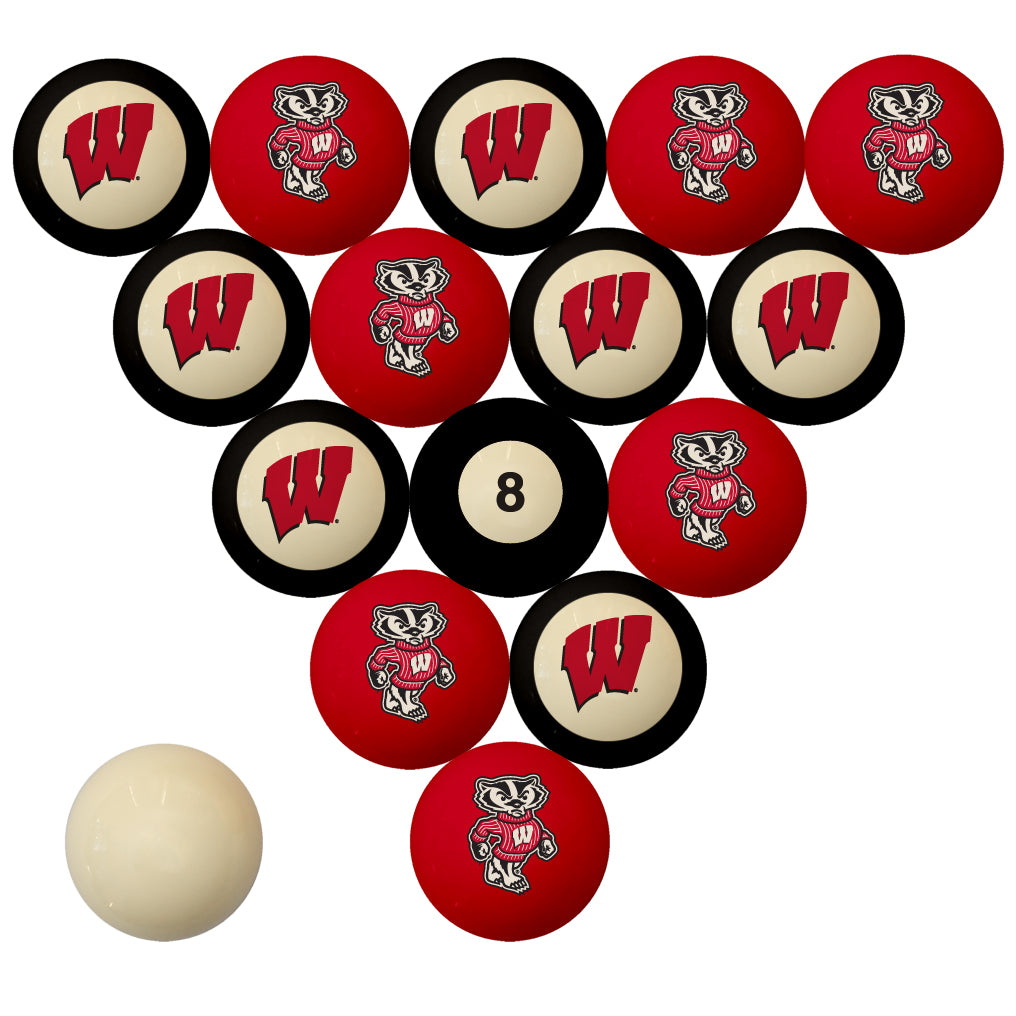 WISCONSIN SCHOOL COLOR NUMBERED BILLIARD BALL SET RED SOLID/RED STRIPE - UWIBBS100N