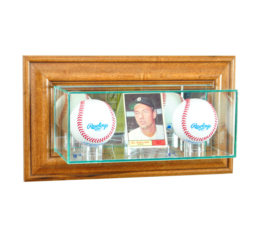 Wall Mounted Card and Double Baseball Display Case with Walnut Moulding