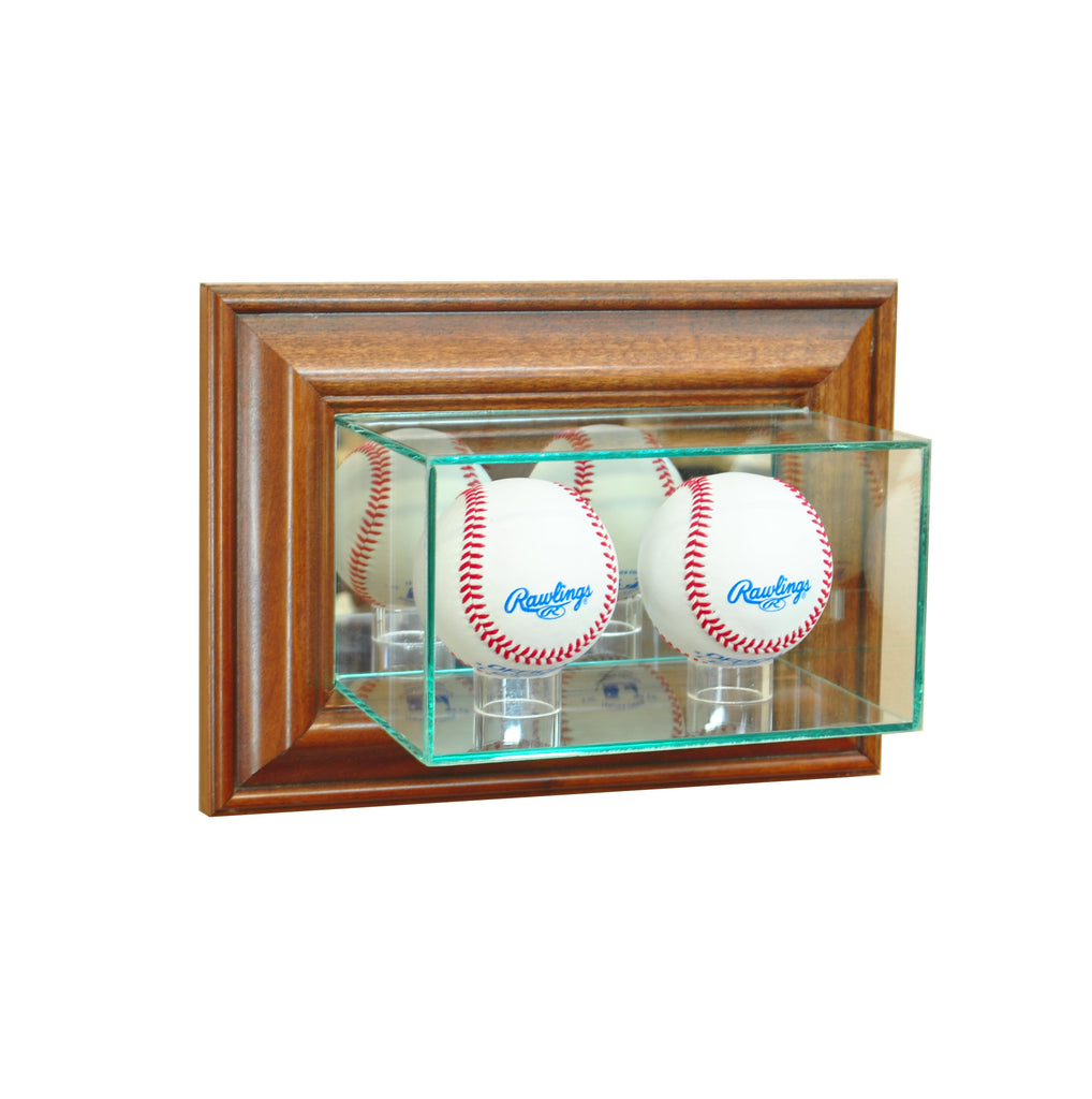 Wall Mounted Double Baseball Display Case with Walnut Moulding