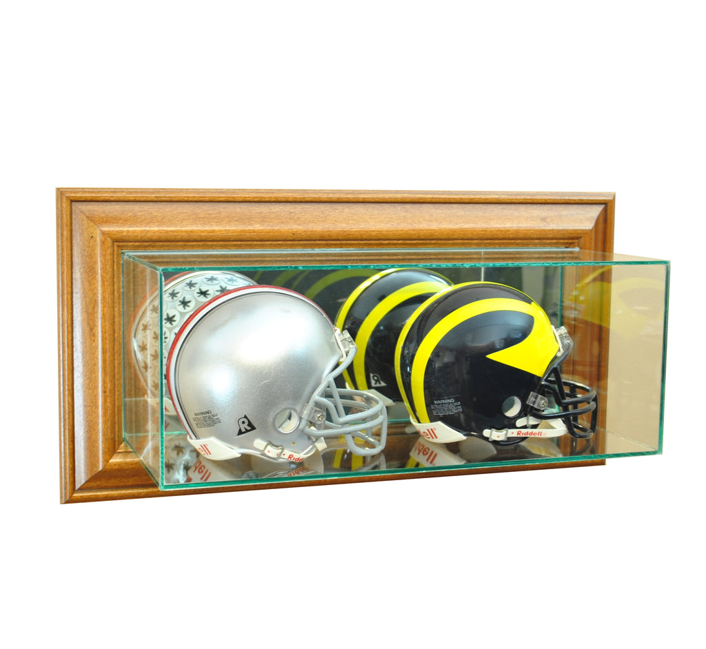 Wall Mounted Double Mini Helmet Display Case with Walnut Moulding