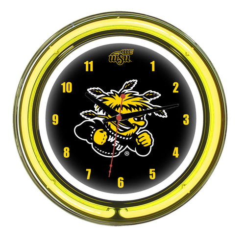 WICHITA STATE NEON WALL CLOCK - 14'' BLACK FACE / YELLOW NEON - WSTNWC100-14