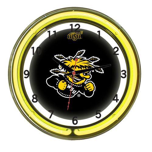 WICHITA STATE NEON WALL CLOCK - 18'' BLACK FACE / YELLOW NEON - WSTNWC100-18