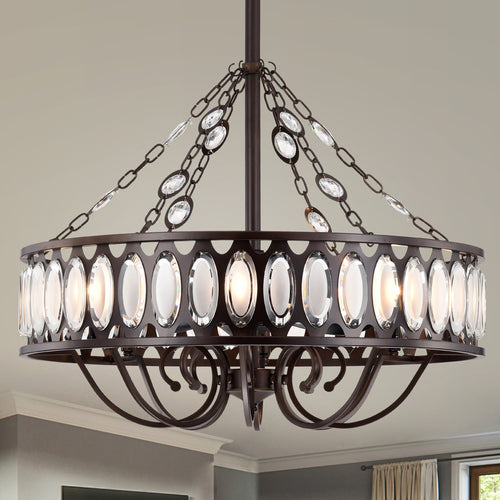 Warehouse of Tiffany CFL-8463AB 31 in. Jamen Antique Bronze 3 Blade Fandelier with Crystal Drum Shade, Black