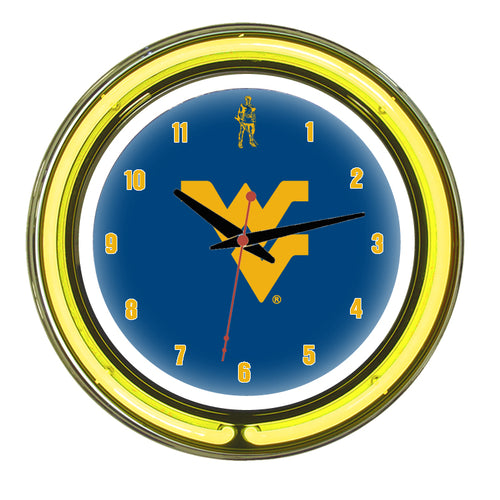 WEST VIRGINIA NEON WALL CLOCK - 14'' BLUE FACE / YELLOW NEON - WVUNWC100-14