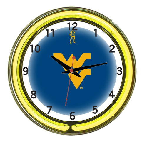 WEST VIRGINIA NEON WALL CLOCK - 18'' BLUE FACE / YELLOW NEON - WVUNWC100-18