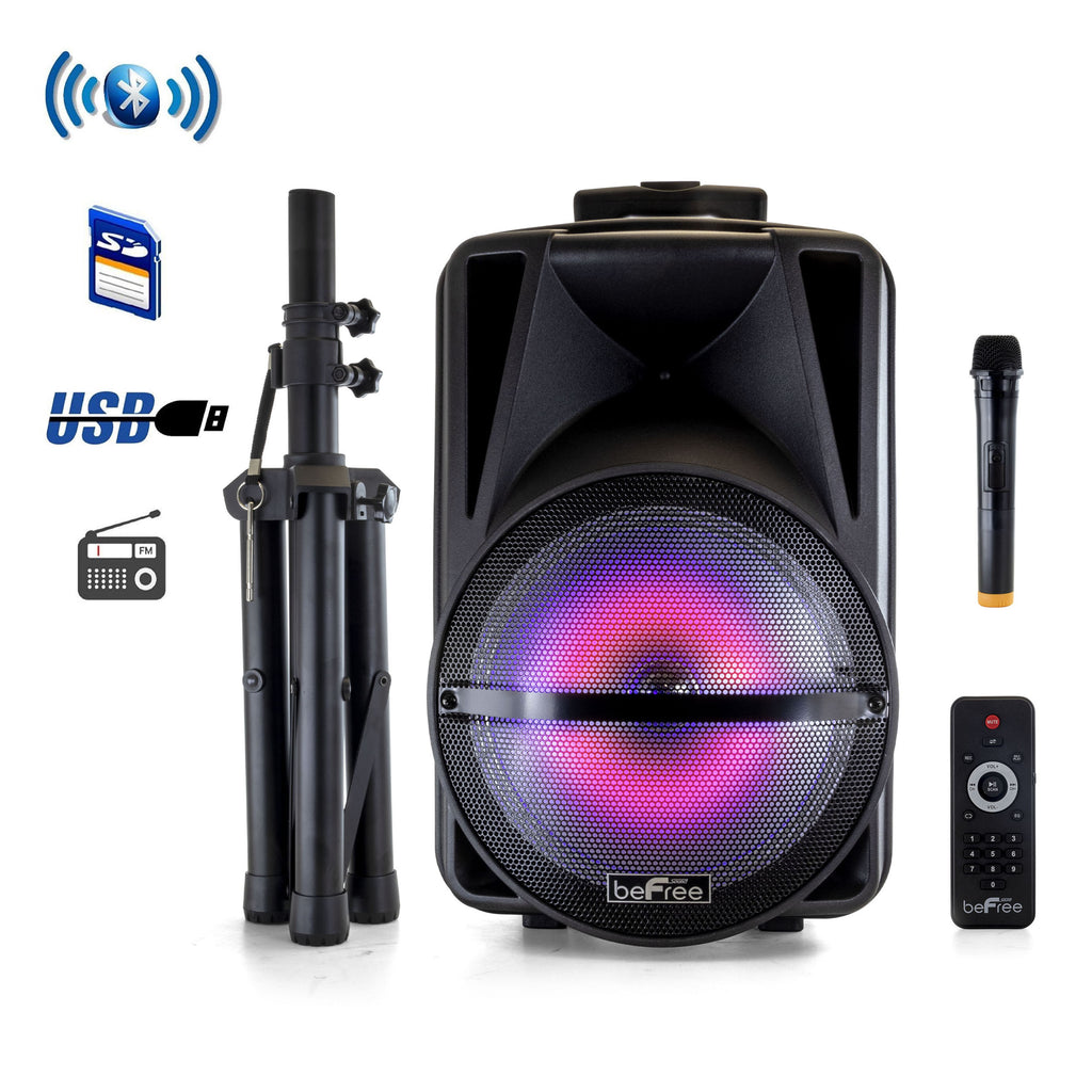 Befree Sound beFree Sound 12 Inch PA Bluetooth Rechargeable Portable Party Speaker with Reactive LED Lights and Stand - Factory Reconditioned