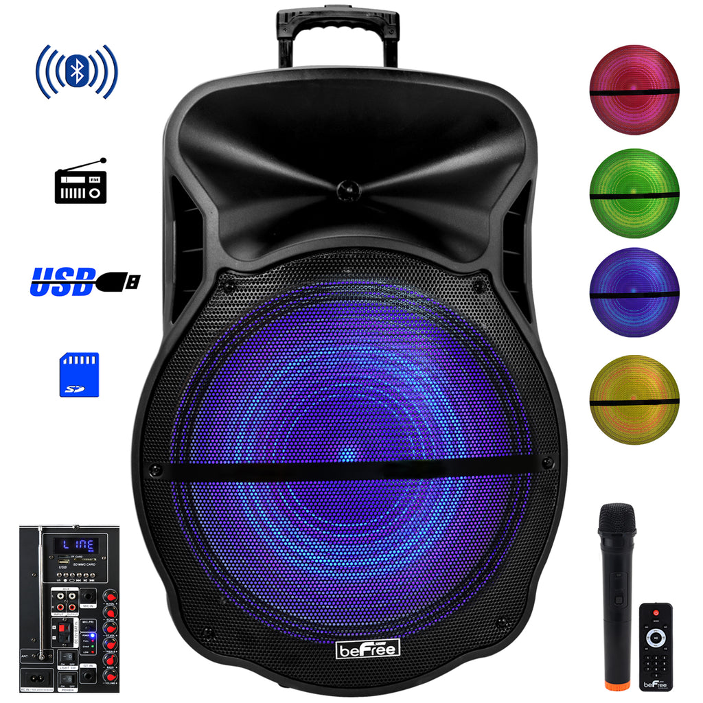 Befree Sound beFree Sound 18 Inch Bluetooth Portable Rechargeable Party Speaker with Sound Reactive LED Party Lights, USB/SD, Microphone/Guitar Inputs and FM Radio