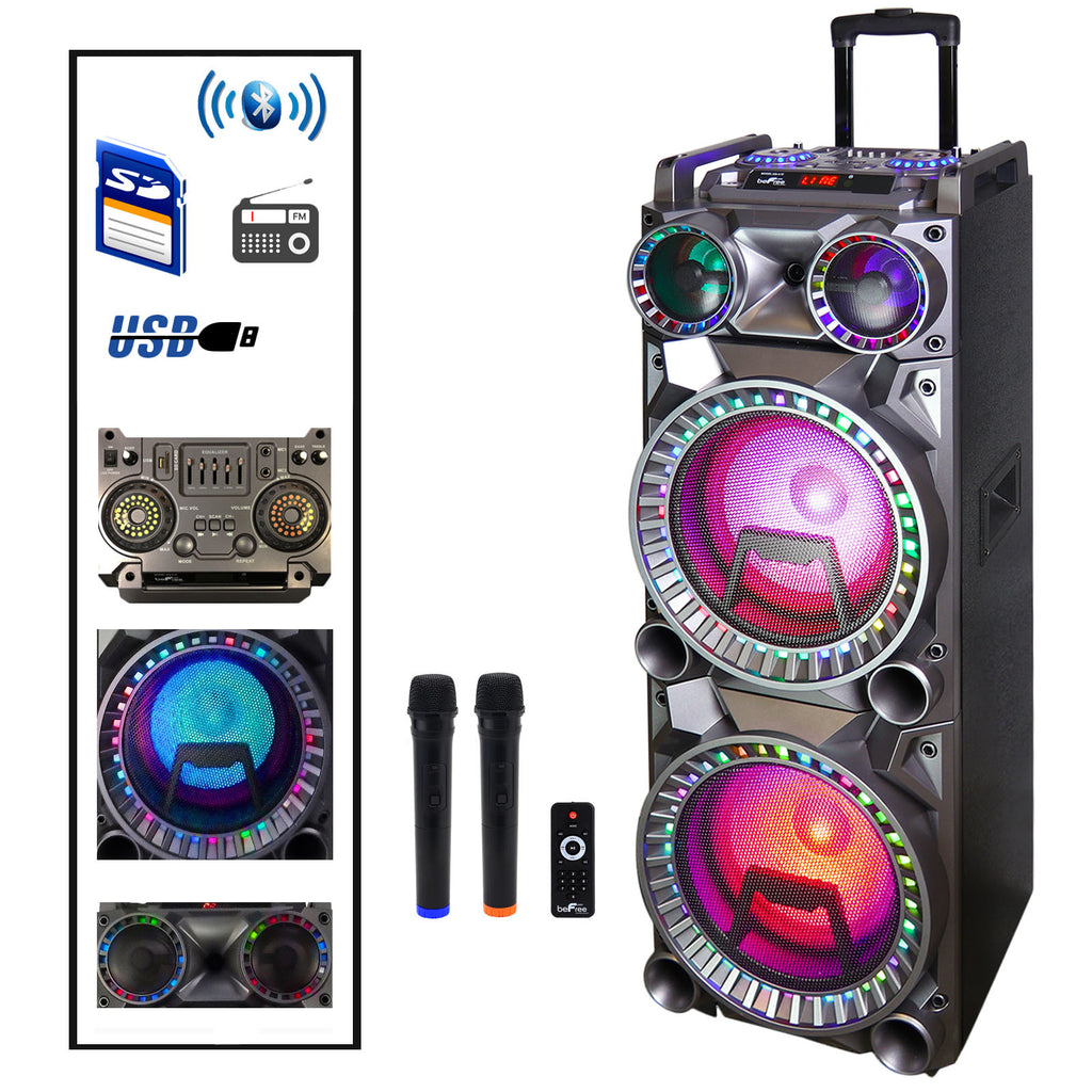Befree Sound  700W Dual 10 Inch Subwoofer Bluetooth Portable Party Speaker with Sound Reactive Party Lights, USB/ SD Input, Rechargeable Battery, Remote Control And 2 Wireless Microphones