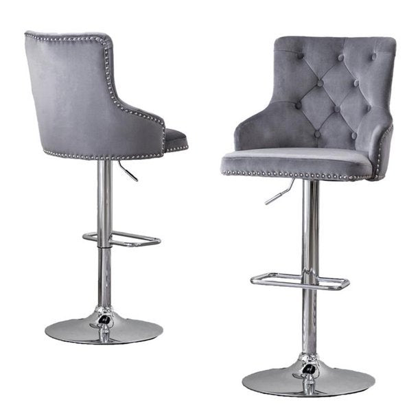 Tufted Velvet Upholstered Adjustable Bar Stool in Dark Grey, Set of 2, Dark Grey - Best Quality Furniture