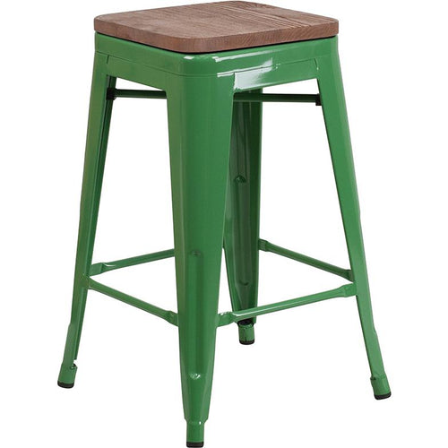 24'' High Backless Green Metal Counter Height Stool with Square Wood Seat - Flash Furniture