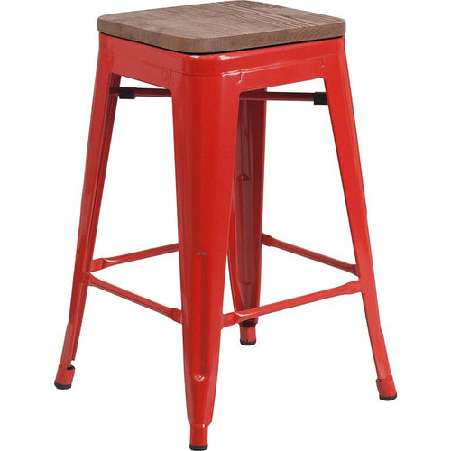 24'' High Backless Red Metal Counter Height Stool with Square Wood Seat - Flash Furniture