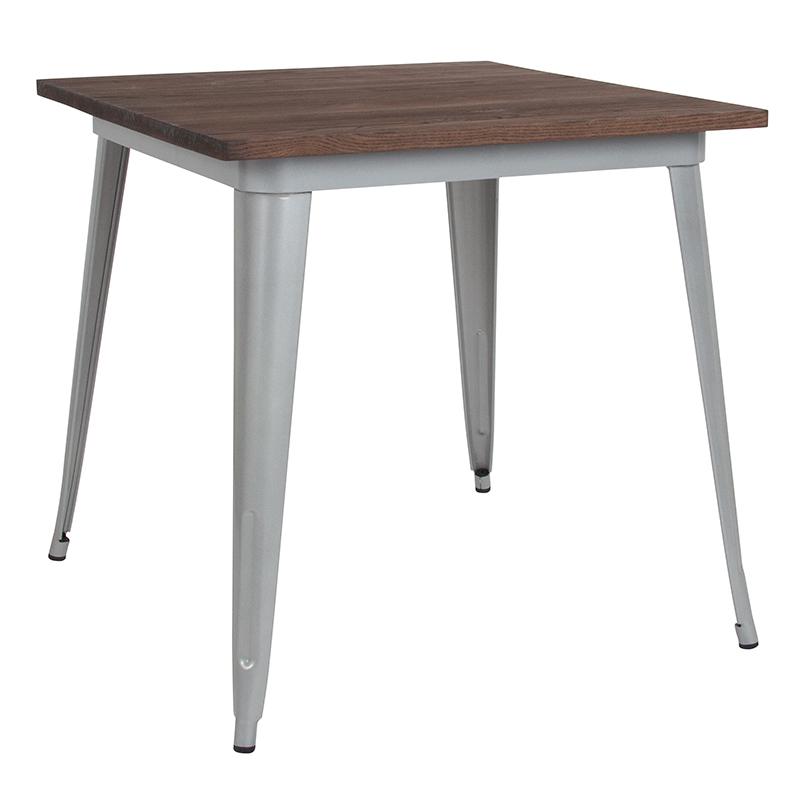 31.5'' Square Silver Metal Indoor Table with Walnut Rustic Wood Top - Flash Furniture