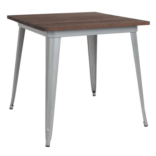 31.5'' Square Silver Metal Indoor Table with Walnut Rustic Wood Top - Flash Furniture