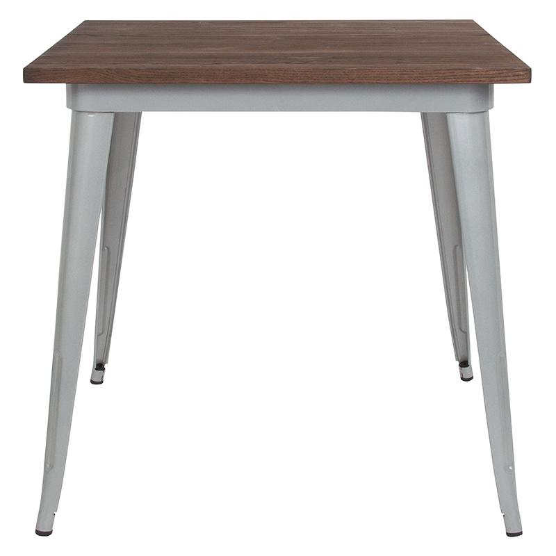 31.5'' Square Silver Metal Indoor Table with Walnut Rustic Wood Top - Flash Furniture