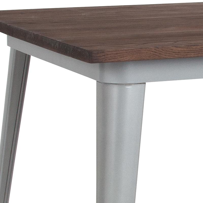 31.5'' Square Silver Metal Indoor Table with Walnut Rustic Wood Top - Flash Furniture