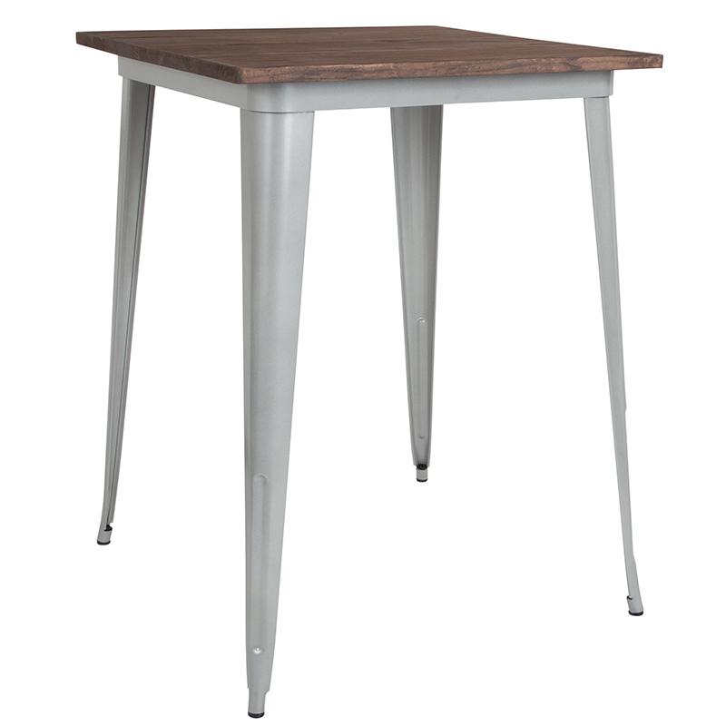31.5'' Square Silver Metal Indoor Bar Height Table with Walnut Rustic Wood Top - Flash Furniture