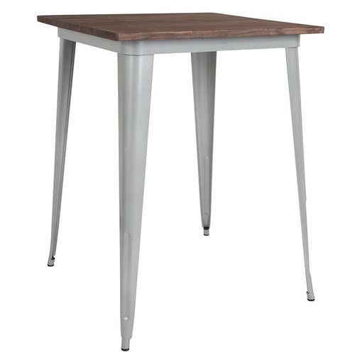 31.5'' Square Silver Metal Indoor Bar Height Table with Walnut Rustic Wood Top - Flash Furniture