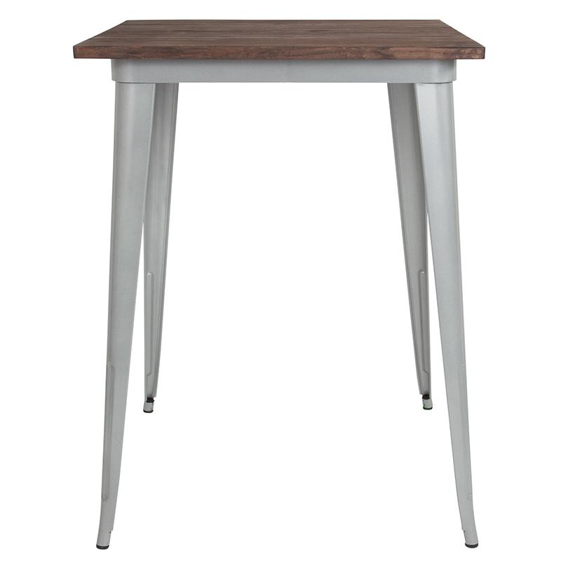 31.5'' Square Silver Metal Indoor Bar Height Table with Walnut Rustic Wood Top - Flash Furniture