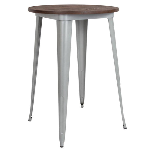 30'' Round Silver Metal Indoor Bar Height Table with Walnut Rustic Wood Top - Flash Furniture