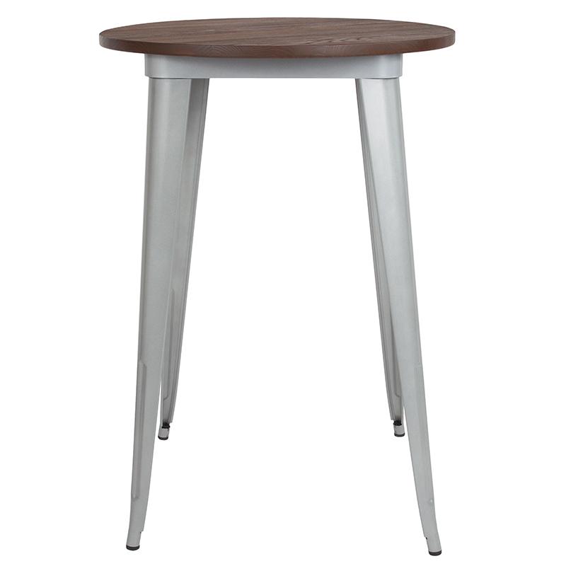 30'' Round Silver Metal Indoor Bar Height Table with Walnut Rustic Wood Top - Flash Furniture