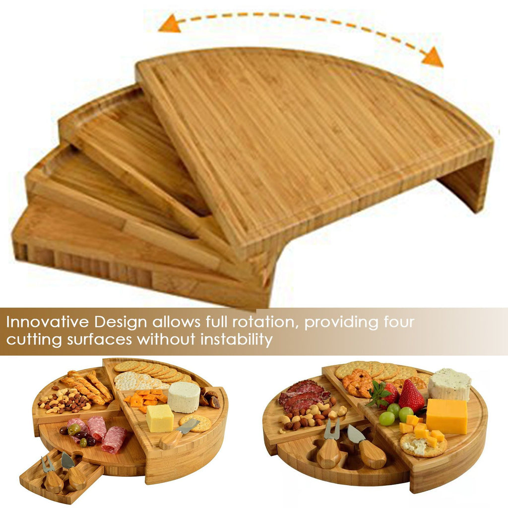 Sensuality Emporium - Bamboo Cheese Board with Cheese Knife Set 37 Cm Cheese Plate Rotating Serving Plate for Cheese and Appetite Gifts Cheese Tool
