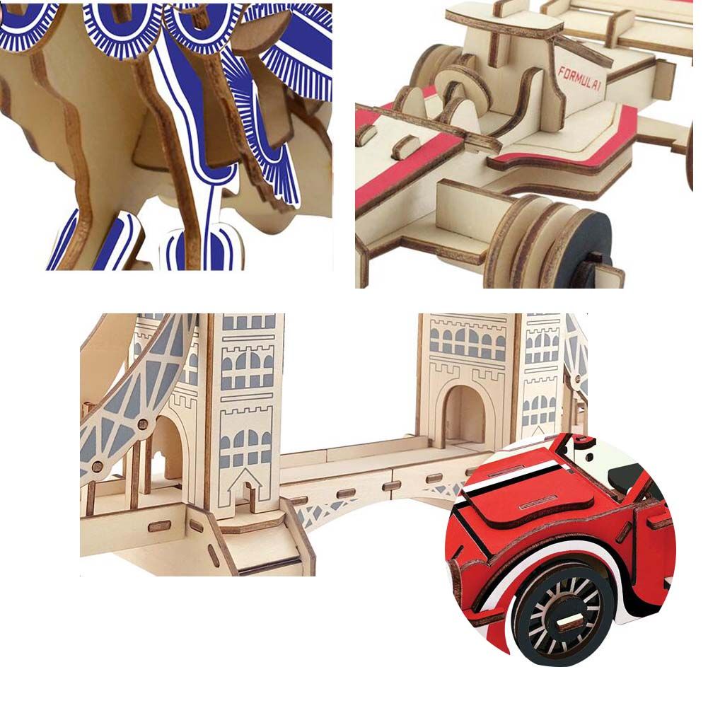PANDA SUPERSTORE - Racing Car Wooden 3D Model Puzzle Kids DIY Jigsaw Brain Teaser Building Blocks