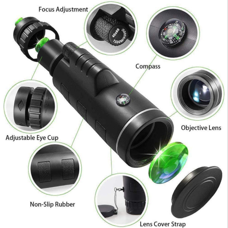 Nice Store - 40X60 Monocular Telescope with Smartphone Holder & Tripod;  2022 Power Prism Compact Monoculars for Adults Kids;  HD Monocular Scope for Bird Watching Hiking Concert Travelling