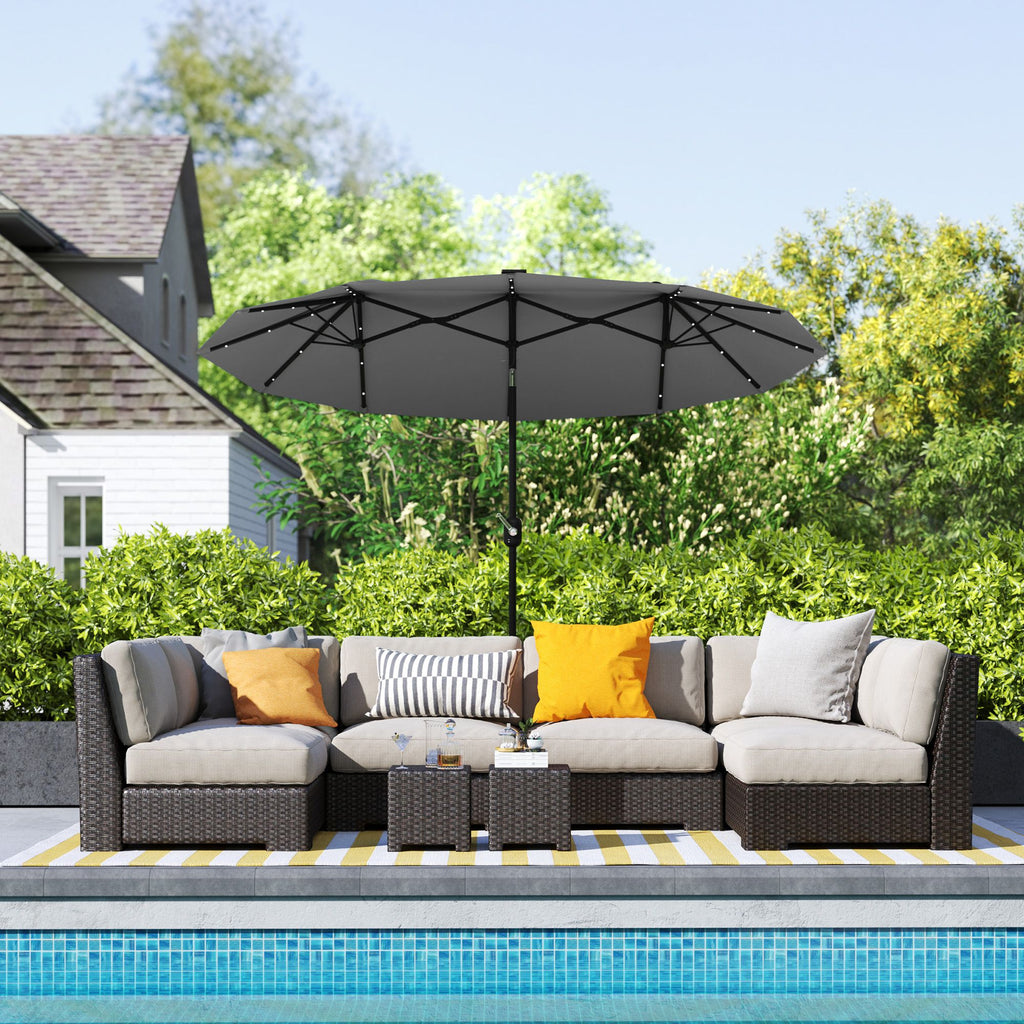 Outsunny Double-sided Patio Umbrella, 9.7' Outdoor Umbrella with Tilt and Crank, LED Solar Light and 12 Ribs, Gray