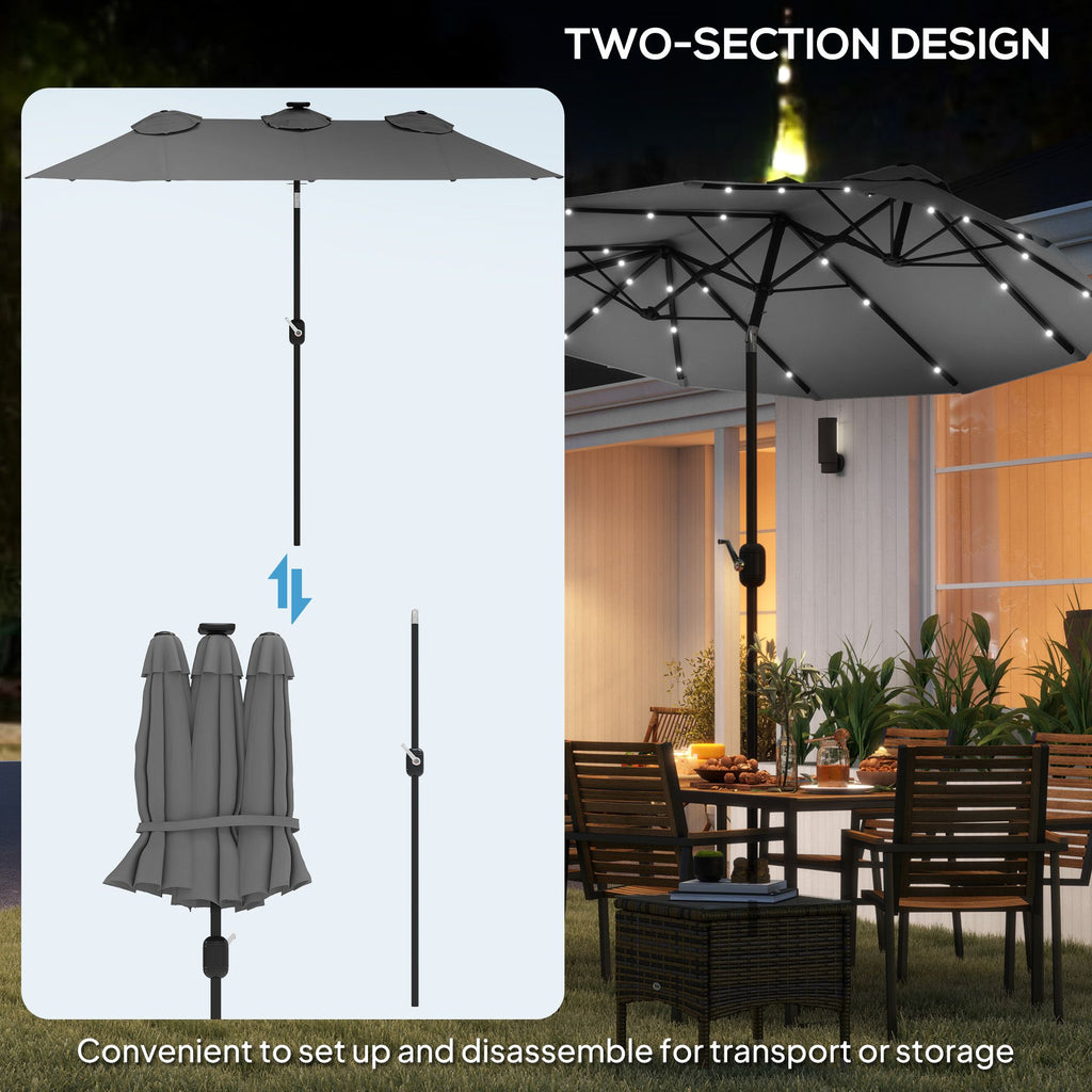 Outsunny Double-sided Patio Umbrella, 9.7' Outdoor Umbrella with Tilt and Crank, LED Solar Light and 12 Ribs, Gray