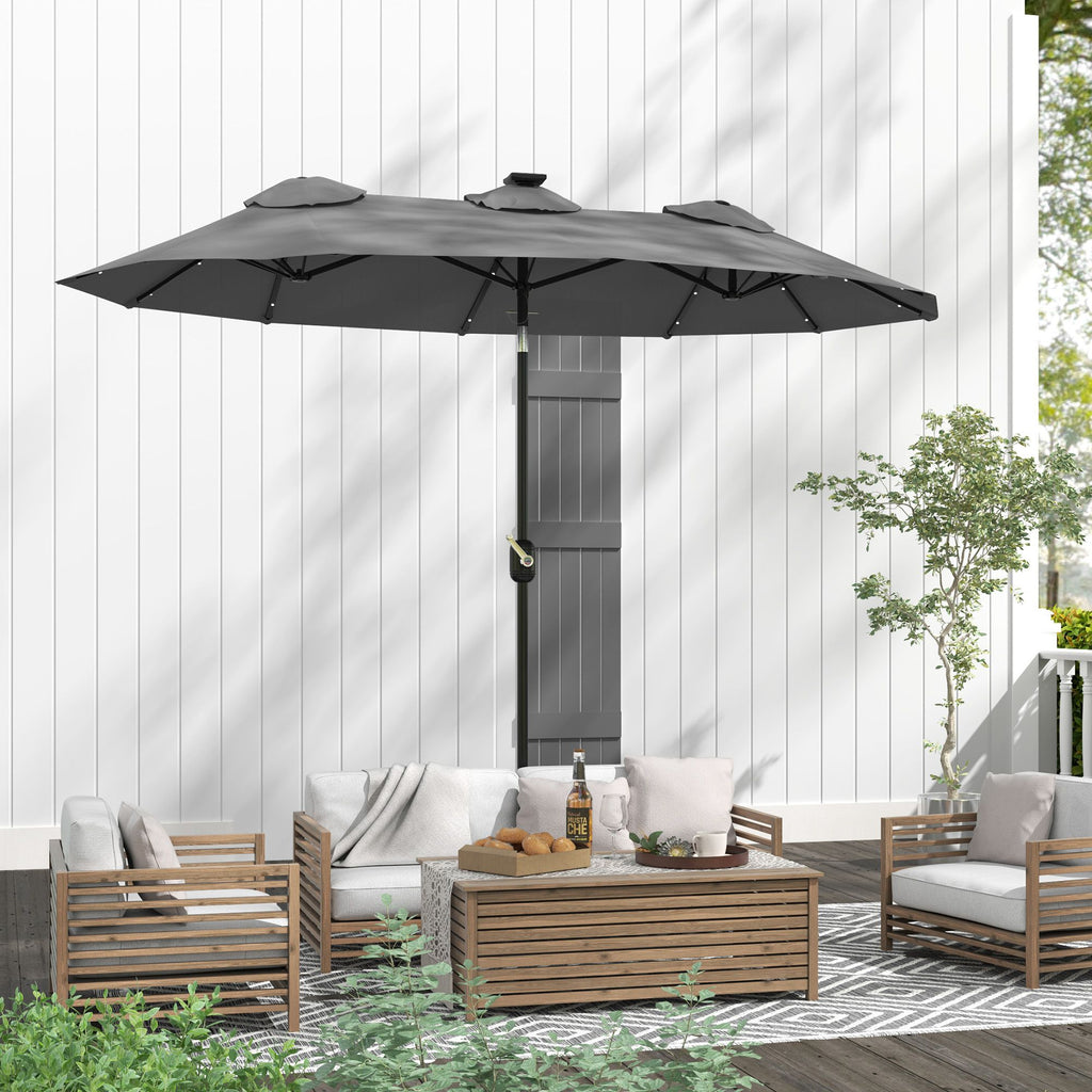 Outsunny Double-sided Patio Umbrella, 9.7' Outdoor Umbrella with Tilt and Crank, LED Solar Light and 12 Ribs, Gray