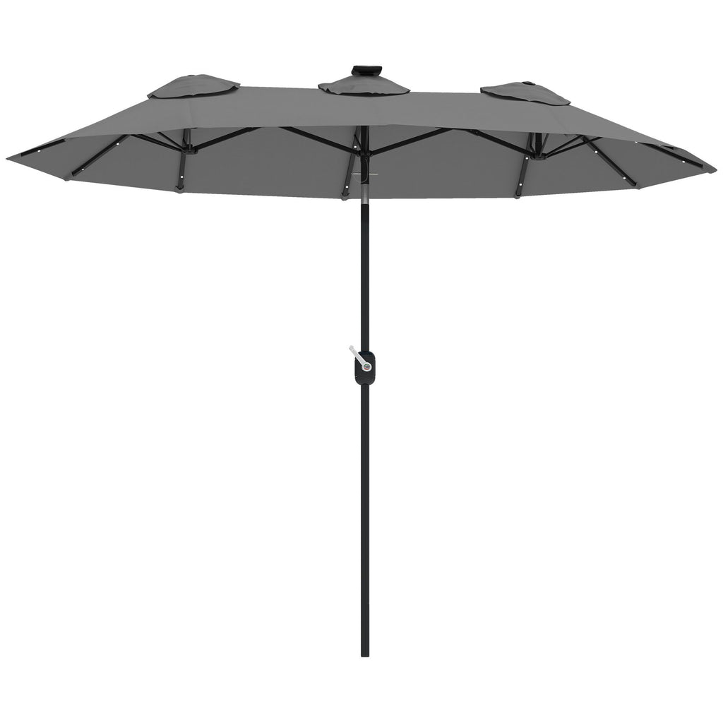 Outsunny Double-sided Patio Umbrella, 9.7' Outdoor Umbrella with Tilt and Crank, LED Solar Light and 12 Ribs, Gray