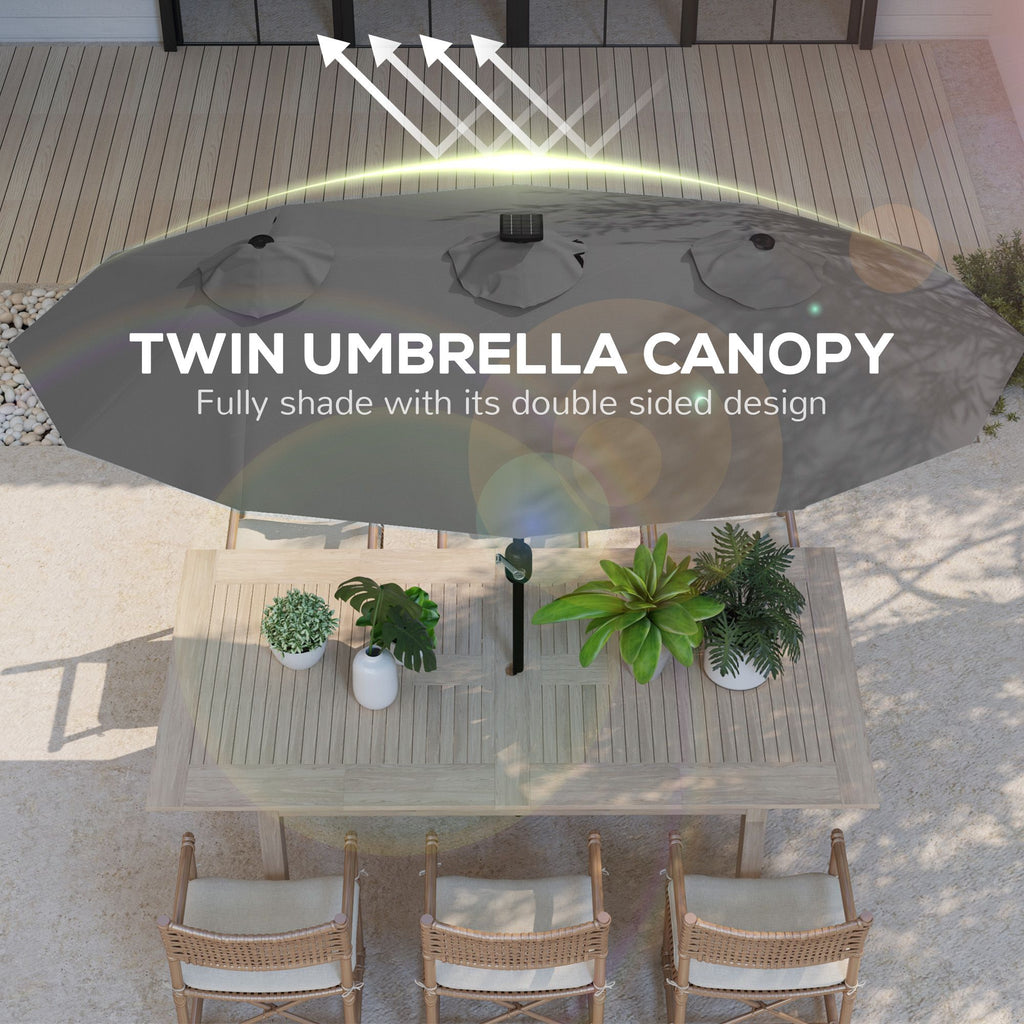 Outsunny Double-sided Patio Umbrella, 9.7' Outdoor Umbrella with Tilt and Crank, LED Solar Light and 12 Ribs, Gray