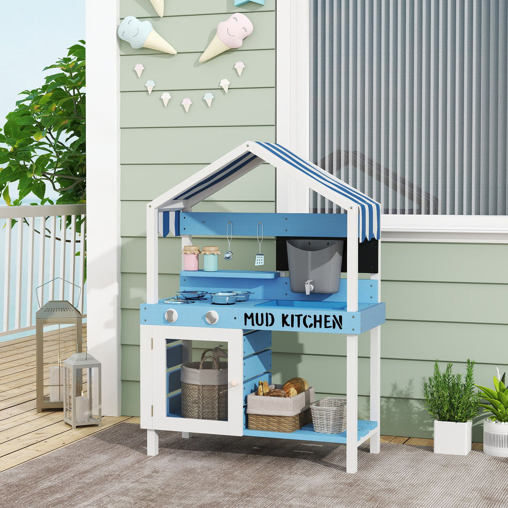 Qaba Wooden Mud Kitchen for Kids Outdoor with Sink, Faucet, Water Tank, Storage Shelves, Accessories for Boys and Girls, Blue