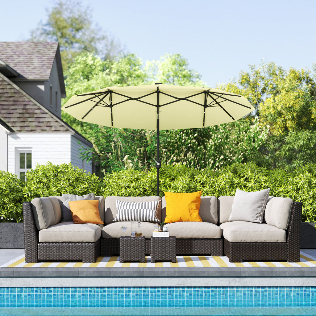 Outsunny Double-sided Patio Umbrella, 9.7' Outdoor Umbrella with Tilt and Crank, LED Solar Light and 12 Ribs, Cream White
