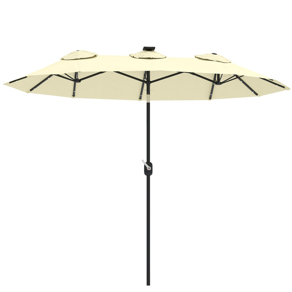 Outsunny Double-sided Patio Umbrella, 9.7' Outdoor Umbrella with Tilt and Crank, LED Solar Light and 12 Ribs, Cream White