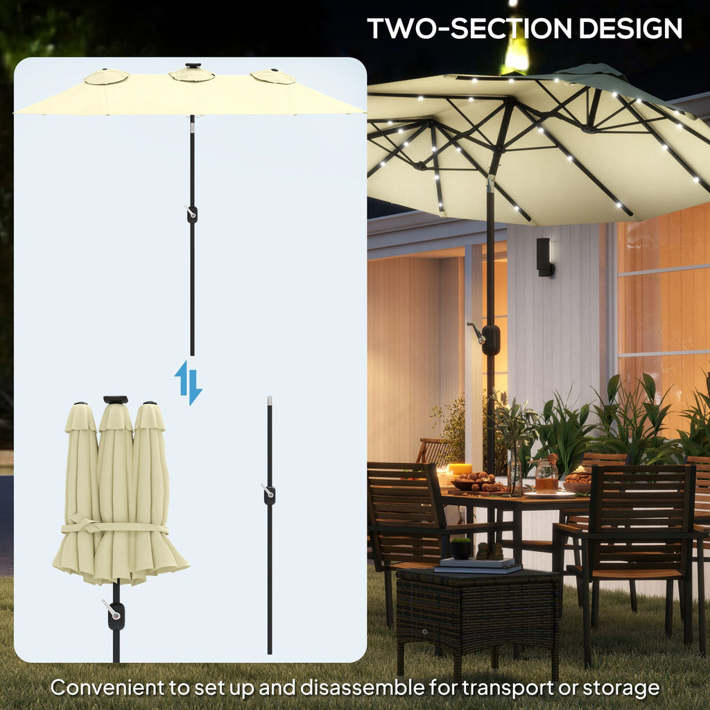 Outsunny Double-sided Patio Umbrella, 9.7' Outdoor Umbrella with Tilt and Crank, LED Solar Light and 12 Ribs, Cream White