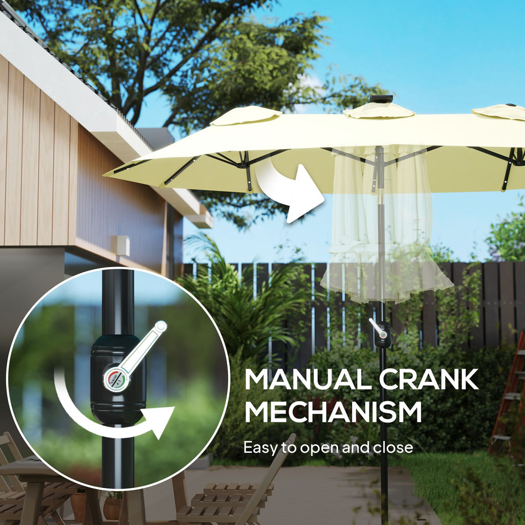 Outsunny Double-sided Patio Umbrella, 9.7' Outdoor Umbrella with Tilt and Crank, LED Solar Light and 12 Ribs, Cream White