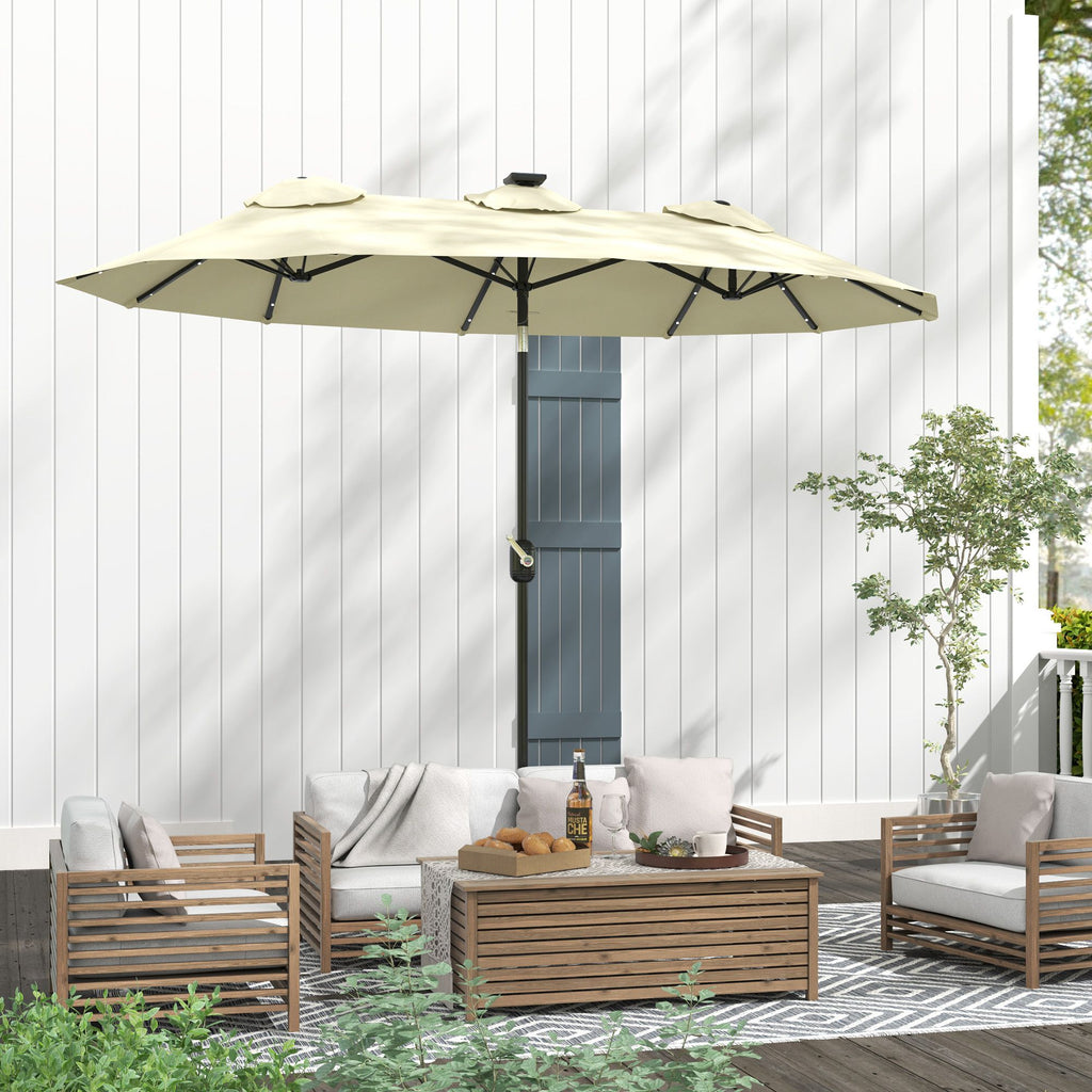 Outsunny Double-sided Patio Umbrella, 9.7' Outdoor Umbrella with Tilt and Crank, LED Solar Light and 12 Ribs, Cream White