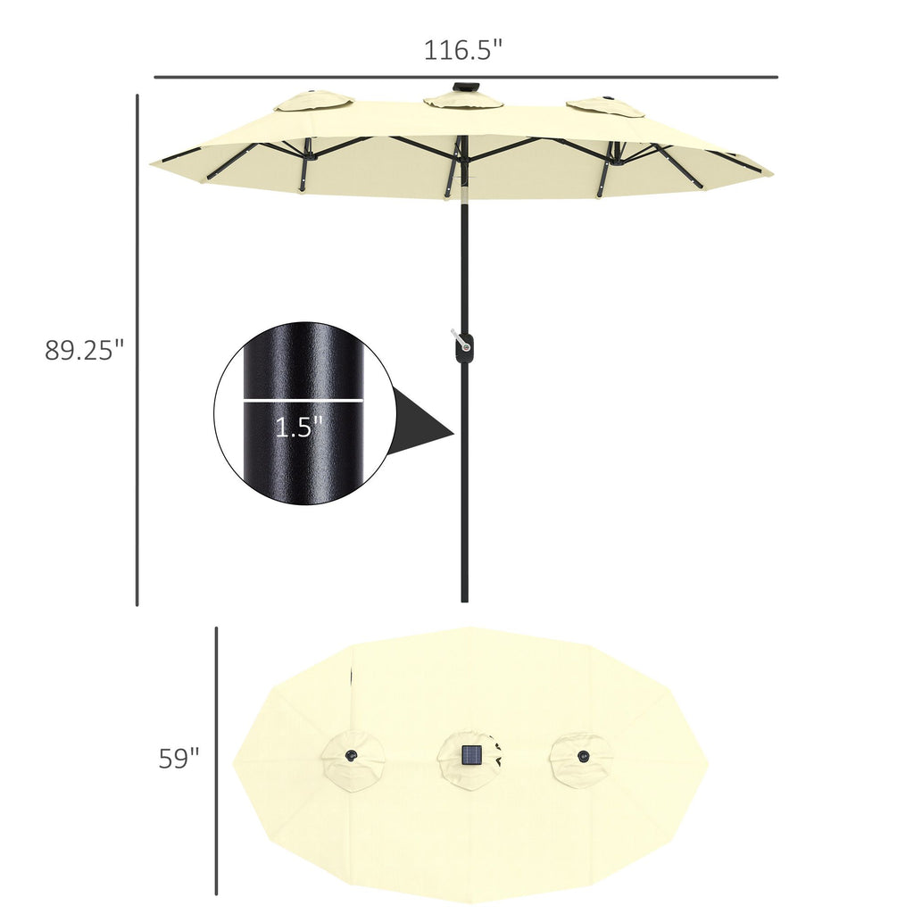 Outsunny Double-sided Patio Umbrella, 9.7' Outdoor Umbrella with Tilt and Crank, LED Solar Light and 12 Ribs, Cream White