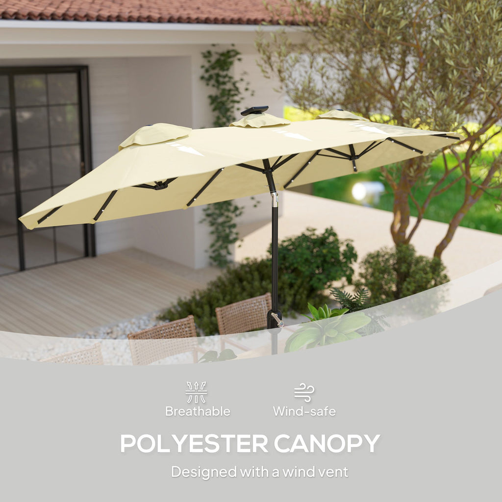 Outsunny Double-sided Patio Umbrella, 9.7' Outdoor Umbrella with Tilt and Crank, LED Solar Light and 12 Ribs, Cream White
