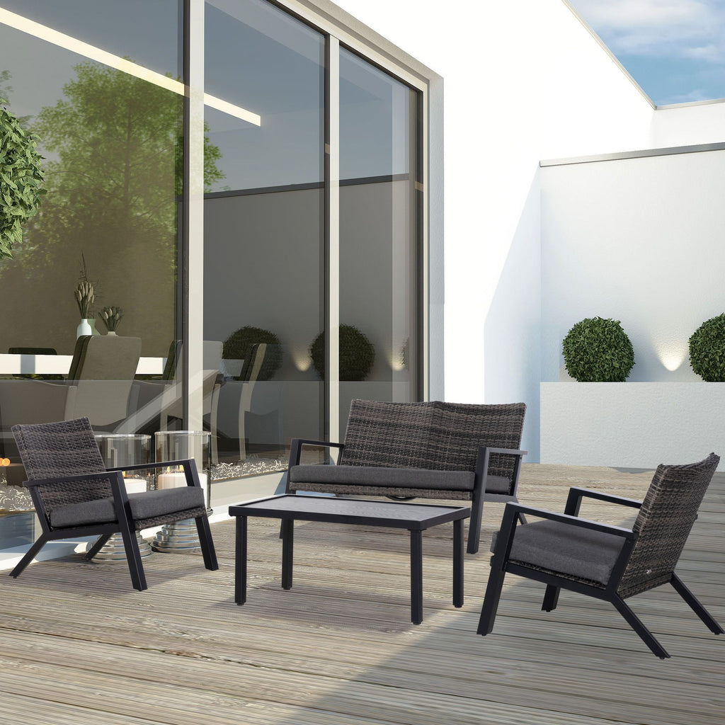 Outsunny 4-Piece Patio Sofa Set Outdoor Wicker Patio Conversation Sets with Removable Cushion and Coffee Table for Balcony, Backyard Black and Grey