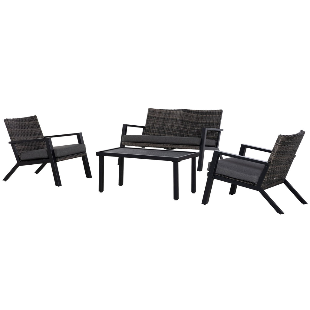Outsunny 4-Piece Patio Sofa Set Outdoor Wicker Patio Conversation Sets with Removable Cushion and Coffee Table for Balcony, Backyard Black and Grey