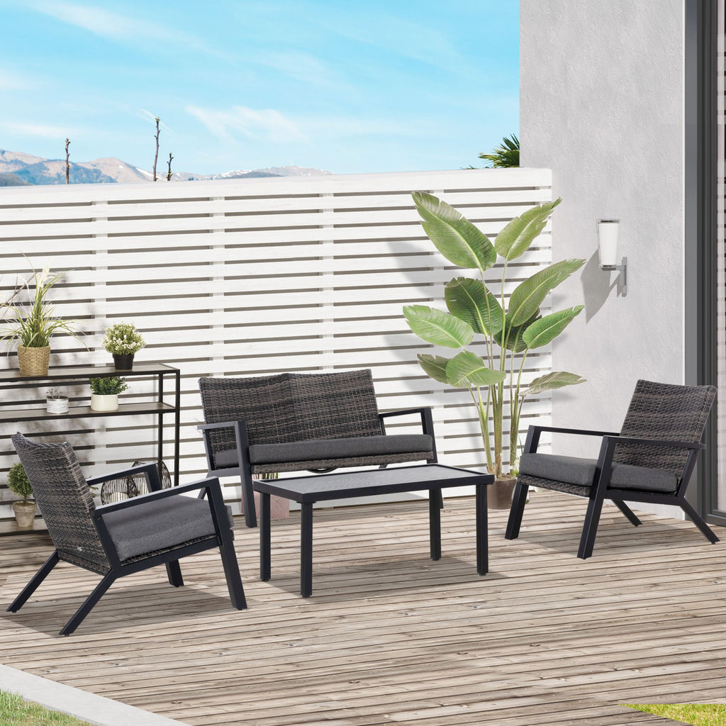 Outsunny 4-Piece Patio Sofa Set Outdoor Wicker Patio Conversation Sets with Removable Cushion and Coffee Table for Balcony, Backyard Black and Grey