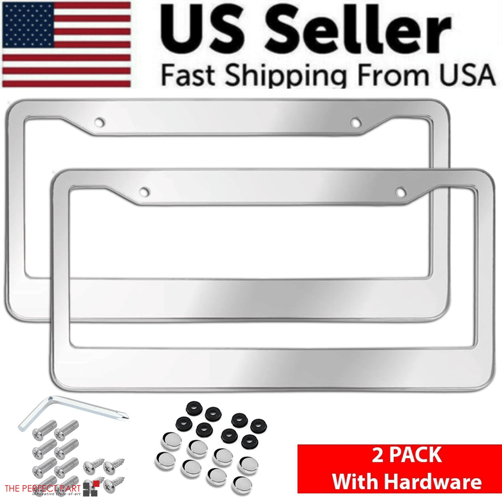 The Perfect Part - 2PCS Chrome Stainless Steel Metal License Plate Frame Tag Cover With Screw Caps