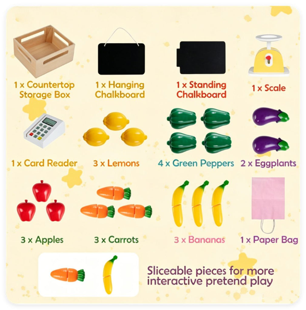 inQ Boutique - 2-in-1 Kids Outdoor Mud Kitchen & Farmers Market Stand, Carbonized Fir Wood Pretend Grocery Store with 25 Pcs Play Food Accessories Double Chalkboards Planter Box